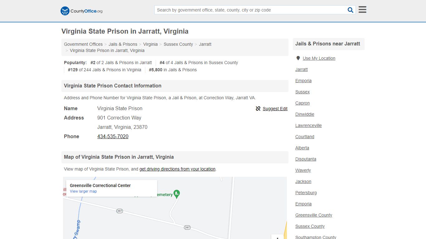 Virginia State Prison - Jarratt, VA (Address and Phone) - County Office